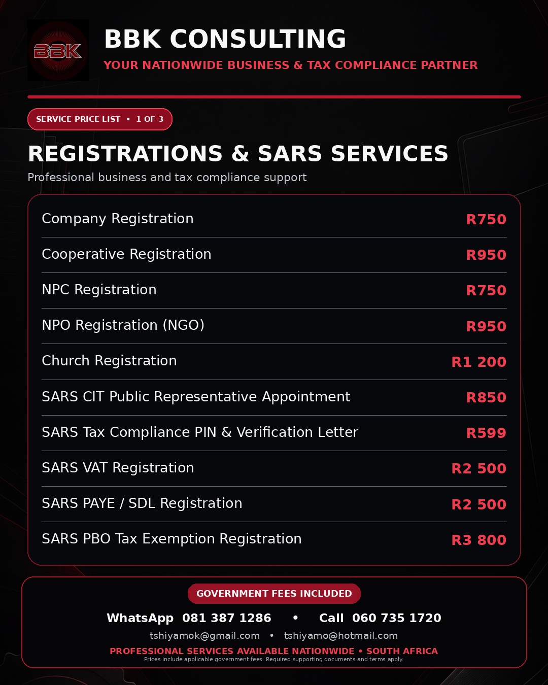 BBK Consulting service price guide 1 of 3