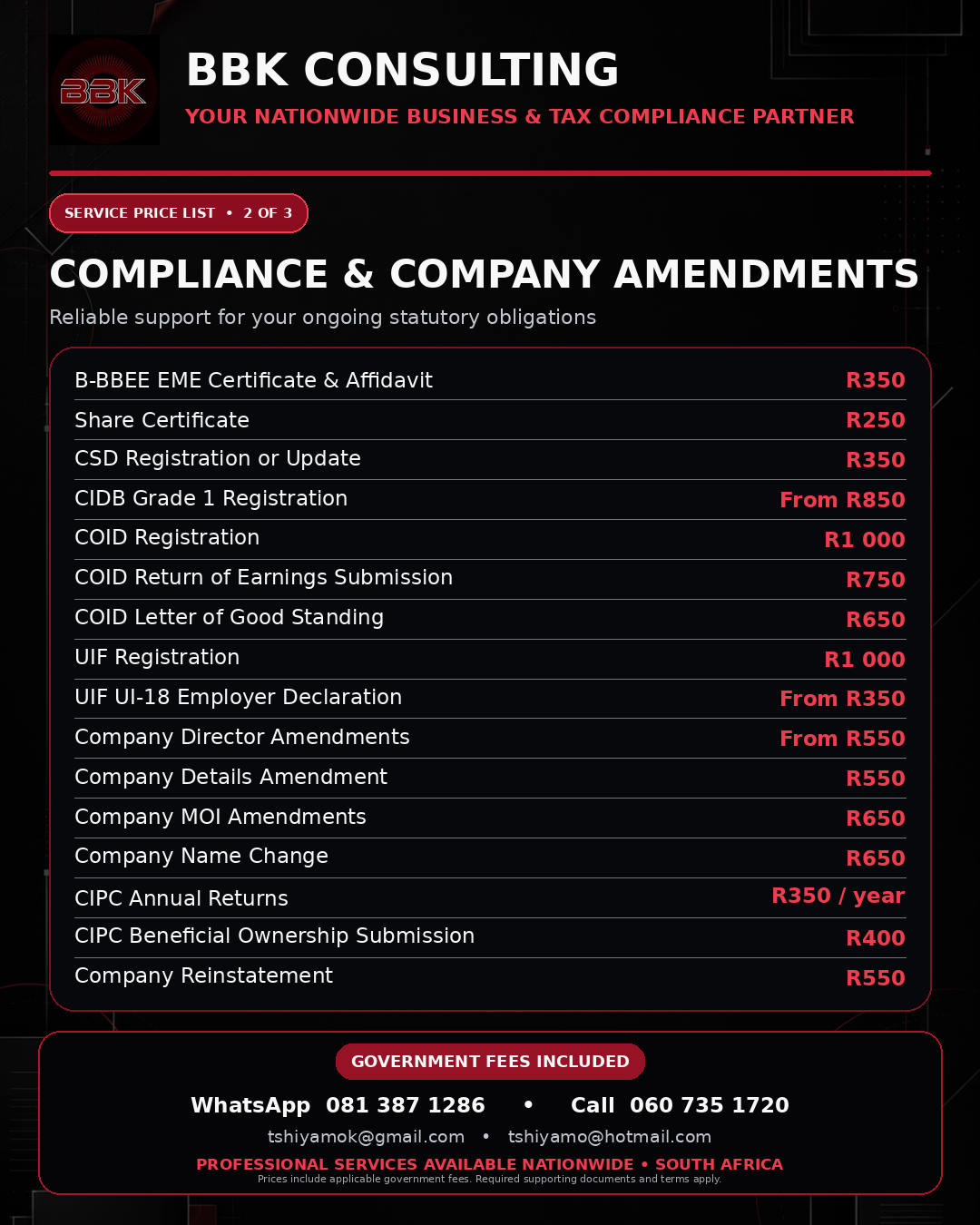 BBK Consulting service price guide 2 of 3
